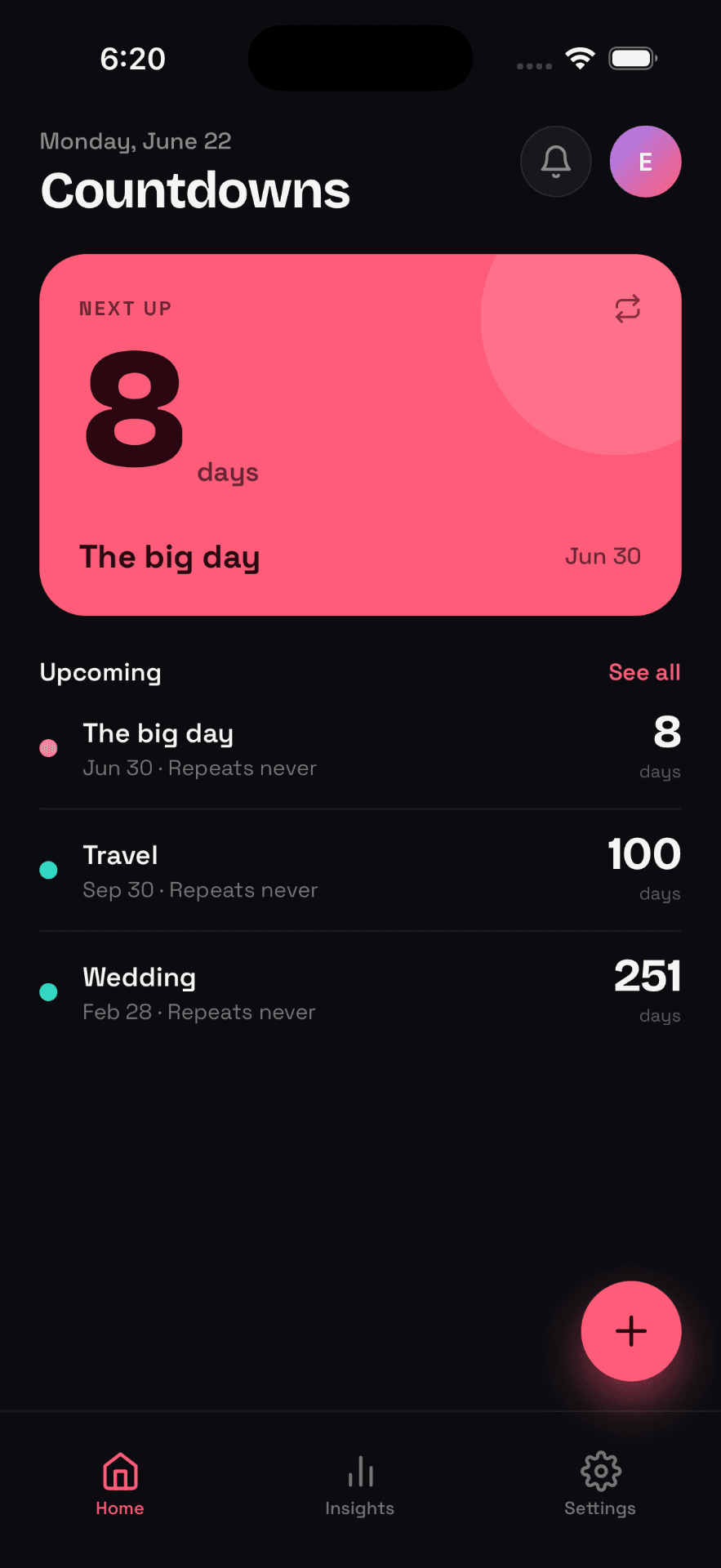 Daymark home screen showing countdown to the big day